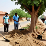 **Image Prompt:** A diverse group of people collaborating on a community project, such as planting trees or cleaning up a neighborhood. Focus on the positive impact of corporate social responsibility (CSR) and community engagement. Include elements of Pakistani culture and landscape.
