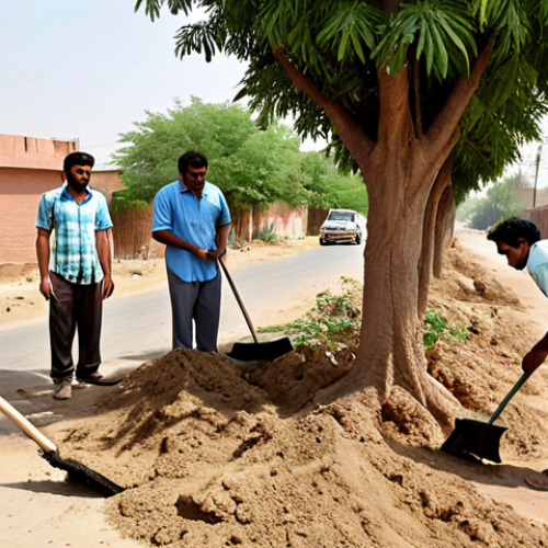 Home 4 **Image Prompt:** A diverse group of people collaborating on a community project, such as planting trees or cleaning up a neighborhood. Focus on the positive impact of corporate social responsibility (CSR) and community engagement. Include elements of Pakistani culture and landscape.