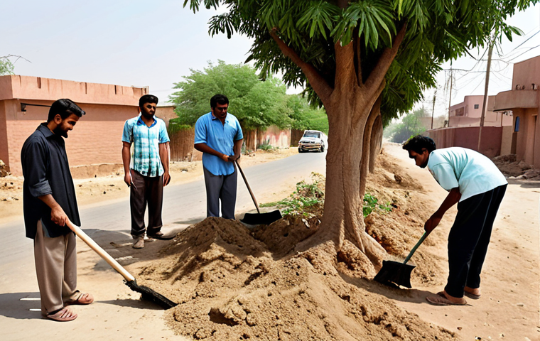**Image Prompt:** A diverse group of people collaborating on a community project, such as planting trees or cleaning up a neighborhood. Focus on the positive impact of corporate social responsibility (CSR) and community engagement. Include elements of Pakistani culture and landscape.