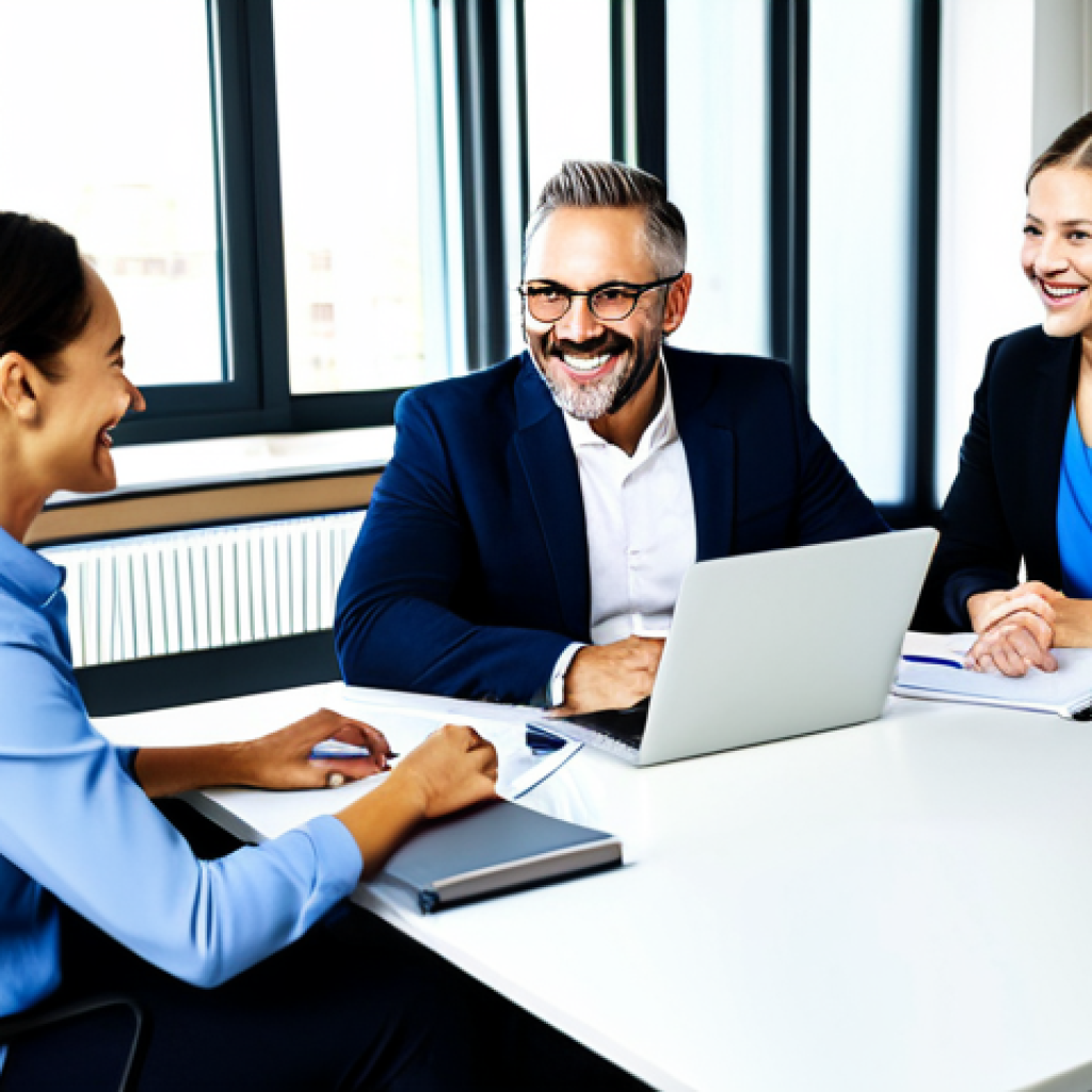 **

"A diverse group of fully clothed business professionals collaborating around a table in a bright, modern office space. Everyone is smiling and engaged in a discussion, with laptops and documents on the table.  Appropriate attire, safe for work, family-friendly, perfect anatomy, correct proportions, well-formed hands, proper finger count, natural pose, professional photography, high quality, good lighting."

**
