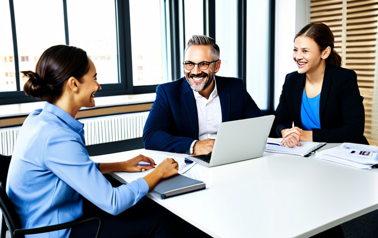 **
"A diverse group of fully clothed business professionals collaborating around a table in a bright, modern office space. Everyone is smiling and engaged in a discussion, with laptops and documents on the table. Appropriate attire, safe for work, family-friendly, perfect anatomy, correct proportions, well-formed hands, proper finger count, natural pose, professional photography, high quality, good lighting."
**