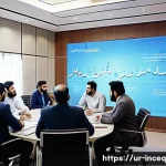 Home 20 사회책임 투자와 기업의 윤리적 결정 - A modern corporate office scene in Karachi, Pakistan, showcasing a diverse group of professional Urd...